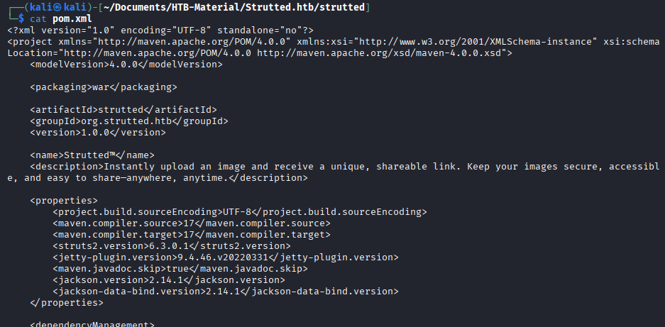 pom.xml showing vulnerable Struts version