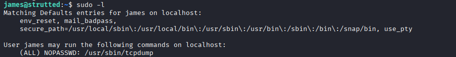 sudo -l output showing tcpdump